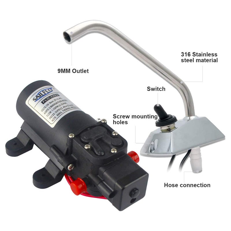 SAILFLO 12v Water Pressure Diaphragm Pump 4.3 L/min 1.1 GPM 35 PSI with 360Â°Spin Faucet/Tap - Caravan RV Marine Boat - Image 1